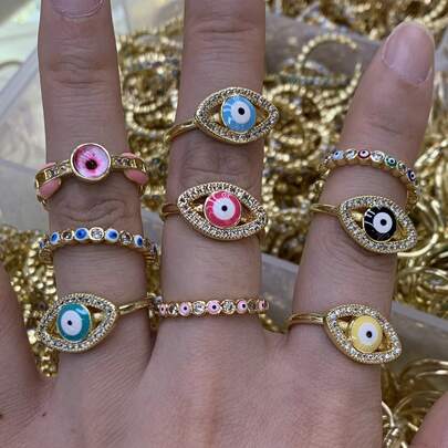 1pc Fashion Personalized Open Ring, Crystal Evil Eye Drip Oil Crafted Ring, Elegant Holiday Gift