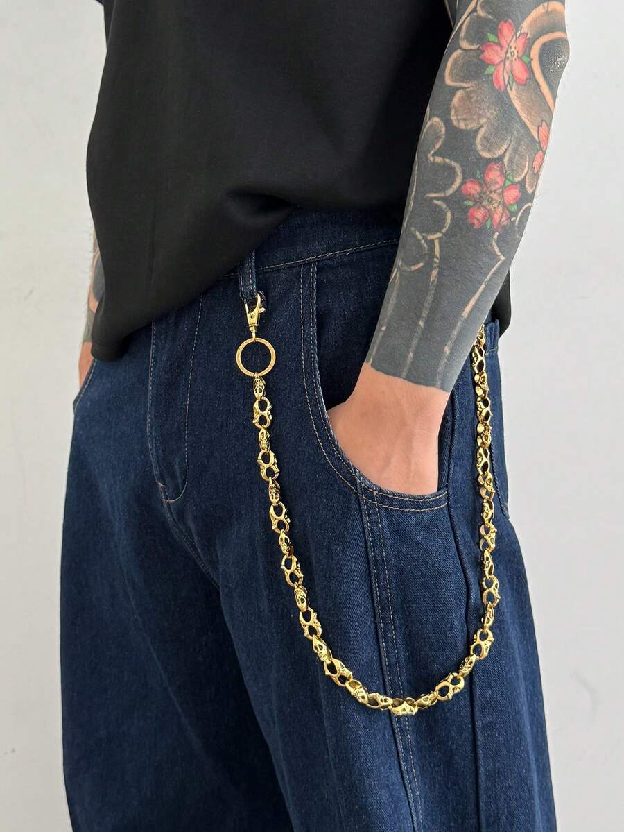 1pc Punk Style Skull Metal Pant Chain, Diagonal Cross Chain For Street, Halloween Costume Decoration, Suitable For Summer, Autumn, Winter, Campus, Halloween, Suitable For Teenagers, Youth, Men, Casual, Outdoor, Sports, Vacation, Graduation Gift, Birthday, Daily Wear