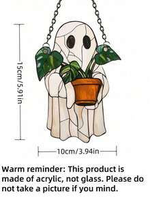 1-Piece Cute Ghost & Plant Acrylic Halloween Window Decoration, Spooky Haunted House Vibe – With 4 Random Cat Lanyards & Chains For Easy Hanging, For Halloween Party & Haunted House Decor