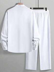 男士两件套 - 亚麻衬衫和抽绳长裤套装 | 轻盈透气休闲长袖沙滩度假套装 | 婚礼派对假日服装 | 送给丈夫、父亲的礼物，秋季服装，舒适套装 - 白色 - 查看 2