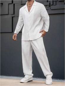 2025 Best  Men's 2 Piece Linen Suit Long Sleeve Button Down Shirt And Pants Sets Walking Suits - 白色 - 查看 10