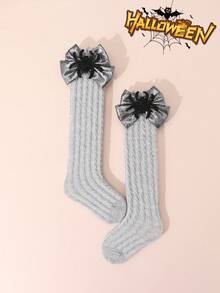 1 双女孩简约万圣节趣味卡通装饰踝袜，闪亮蝴蝶结点缀纯色罗纹及膝袜，四季皆宜 - 彩色 - 查看 26