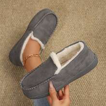 Women Warm Lined Slippers Loafers Casual Slip On Shoes Walking - 灰色 - 查看 5