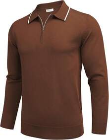 Men's Knit Shirt Long Sleeve Quarter Zip Sweater Casual Shirts Vintage Striped Collar - 焦糖 - 查看 5