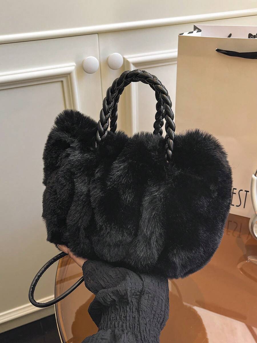 女士毛绒小水桶包，时尚简约手提包，毛茸茸休闲托特包，百搭可爱女士包，配有编织肩带和抽绳，新款女士皮草包