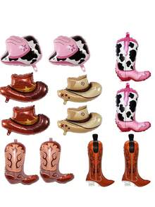 12pcs/Set Western Cowboy Party Balloons, Cowgirl Boot Balloon Cowboy Hat Foil Balloons,Suitable For Cowboy Party Decoration, Birthday Party, Indoor & Outdoor Theme Decoration, Back To School Valentine's Day