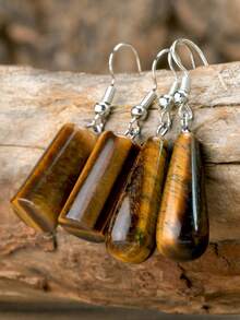 复古天然虎眼石耳环 日出 - 优雅棕色吊坠耳环，镶嵌多面切割宝石，水滴形、几何形和圆形吊坠耳环 - 咖啡棕 - 查看 6