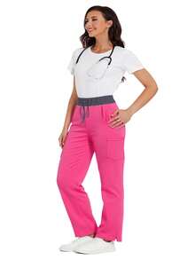 cimmuovere 女士撞色弹力裤，舒适裤子，纯色简约多口袋裤