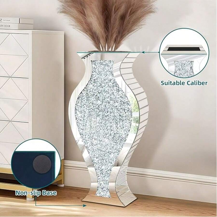 27-Inch High Crushed Diamond Floor Vase, Fish-Shaped Silver Large Vase For Living Room Decoration, Crystal Mirror Home Decoration Vase For Displaying Dried Flowers - 銀色 - 查看 1