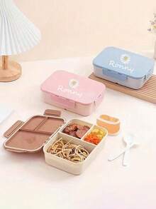 Caja de bento personalizada con nombre, estilo de triple rejilla, caja de almuerzo con utensilios incorporados (tenedor y cuchara), recipiente para preparación de comidas con diseño de hebilla de tres lados y tapa abatible, ideal para el trabajo, la escuela y en movimiento, ahorro de espacio, elegante, adorable, colorida, personalizada, única, regalo ideal para ella, amigos, hijo, hija, estudiantes, trabajadores, niños, escuela, hogar, oficina