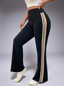 加大码女式高腰喇叭腿条纹运动裤，百搭户外骑行休闲裤