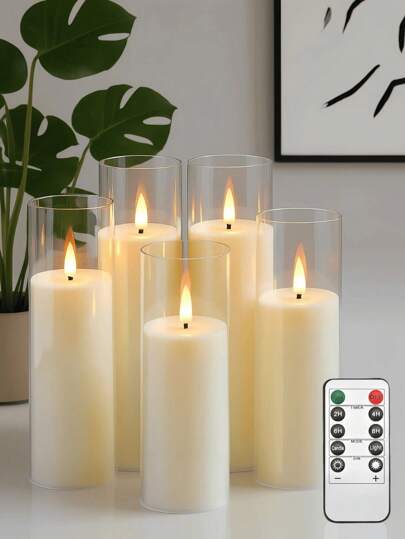 5-Piece Acrylic Flameless Flickering Candles With Remote Control And Timer, Battery-Powered LED Fake Plastic Pillar Candles For Home, Holiday, Wedding, Halloween, Christmas, New Year Decoration (D 2.2'' X H 5''/6''/7''/8'')