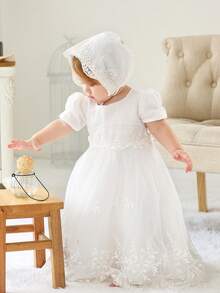 Infant Baby Girls 0-2 Years White Long Christening Dress With Short Sleeve Lace Tulle Skirt And Hat - White - View 3