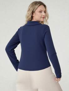 Christmas Plus Size Women Casual Slim Fit Navy Long Sleeve T-Shirt, Polo Collar Half Zipper Stand Collar Thermal Lined Thermal Undershirt - Royal Blue - View 2