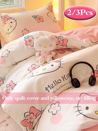 Sanrio Cute Print 2/3pcs Bedding Set - /// (1pc Duvet Cover + 1/2pc Pillowcase, No Filling) Cartoon Full Size, Soft & Comfortable, Suitable For Dorm, Home Bedroom, Hotel, All Seasons, With Zipper Closure And Pillowcase, Multi-Color Durable, Oversized Bedding, Oversized Duvet Cover Set
