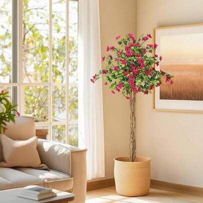 Dragonpad Artificial Bougainvillea Tree, 4/5/6FT Flower Trees Artificial Indoor,Fake Flower Tree With White Pot,Faux Trees Indoor For Home Decoration, Artificial Flowers For Outdoor Decoration Living Room Porch
