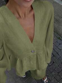 Look Polly Women's Fall Women Clothes Winter Clothes Back To School Old Money Cute Tops Women Leisure Vacation Simple Solid Color Single Breasted Button Butter Yellow Traceable Cotton Women Two Pieces Set Halloween Clothes Women Button Up Shirt Women Clothes For New Year Elegant Women's Set Beach Set