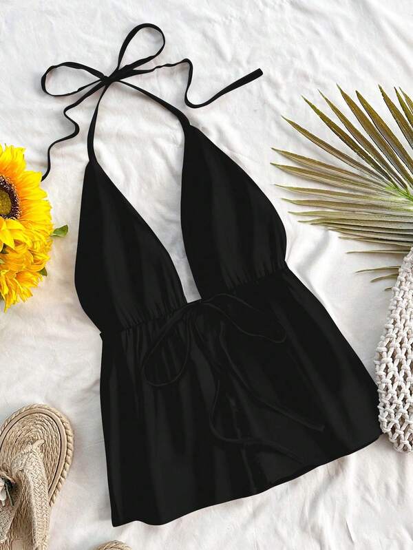 Mujeres Casual Halter Cuello Negro Encaje-Up Backless Tank Top, Adecuado Para Verano Adecuado Para Salir