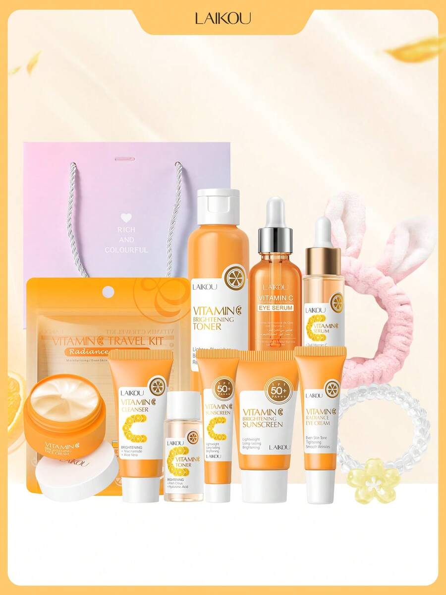 LAIKOU 维生素 C 护肤套装，包含：17ml 维生素 C 精华液、30ml 维生素 C 眼部精华、15g 维生素 C 眼霜、100ml 维生素 C 爽肤水、30g 维生素 C 防晒霜，以及 4 件套维生素 C 旅行套装（20g 洁面乳 + 20ml 爽肤水）。 - 10件套禮盒 - 查看 1