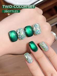 XEIJAYI 2支装15ml绿色猫眼凝胶指甲油套装，UV LED浸泡式指甲凝胶，半永久，DIY沙龙级美甲凝胶，适合春夏美甲 - 彩色 - 查看 5