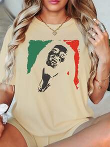 Women's Bob Marley's Symphony Of Colors T-Shirt, Women's 220g Round Neck Casual Heavy Pure Cotton T-Shirt (1 PC) - 杏色 - 查看 1