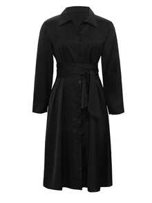 Vestido camisero de manga larga negro elegante para mujer de talla grande - Atuendo de negocios y casual con detalle de corbata y cierre de botones para primavera/verano/otoño