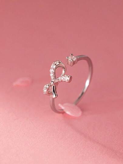 1pc Cubic Zirconia Bow Knot Ring, Fashion Luxury Elegant Sweet Cute Style Niche Design Adjustable Open Ring, Suitable For Daily Wear, Party, Event