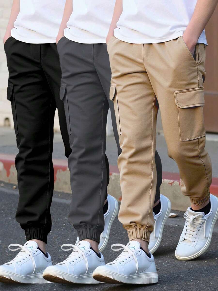 3pcs Young Boys' Solid Color Cargo Pants With Large Pockets, Fashionable Casual Drawstring Trousers, Suitable For All Seasons - Grey - View 1