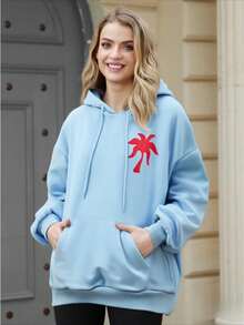 Women's Street Style Palm Tree Print Hoodie - Relaxed Fit With Palm Tree And 'positive Energy' Graphics, Surf Wave Design,  Pocket, Casual Sport Sweatshirt, Comfortable Everyday Top
