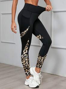 Quần tập yoga lưới vá cạp cao cho nữ, quần legging thể thao thường ngày có túi điện thoại bên hông họa tiết da báo, quần lót định hình gợi cảm phù hợp cho mọi mùa - Màu vàng - Xem 5