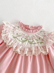 1 pieza Vestido casual cómodo de manga larga con cuello alto, bordado y con ribete de encaje en color rosa para niñas, otoño - Rosa Oxidada - Ver 10