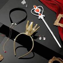 4 件套女王风格服装配饰套装，包括塑料皇冠、头带、项链、心形权杖和耳环 - 20 世纪 20 年代舞会服装道具，适合角色扮演和化妆舞会万圣节 - 彩色 - 查看 5