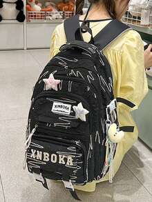 适合初中/高中学生的可爱背包，多隔层，轻便大容量 - 黑色 - 查看 4