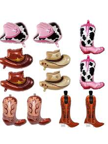 12pcs/Set Western Cowboy Party Balloons, Cowgirl Boot Balloon Cowboy Hat Foil Balloons,Suitable For Cowboy Party Decoration, Birthday Party, Indoor & Outdoor Theme Decoration, Back To School Valentine's Day