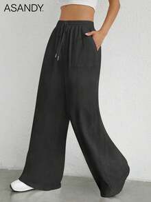 2pcs/Set Casual Loose Straight Leg Pants, Drawstring Waist Wide Leg Trousers, Solid Color Summer - Khaki+Black - View 6