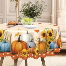 1pc Autumn Thanksgiving Tablecloth, Harvest Theme Printed Dining Table Cover With Pumpkin, Sunflower, Maple Leaf Elements, Polyester Fabric With Lace Trim, Rectangular And Round Sizes, Suitable For Indoor And Outdoor - Farmhouse Kitchen Dining Room Decor, Thanksgiving Holiday Gift, Durable Machine Washable Home Tablecloth