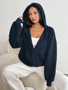 Women's Fashion Zip-Up Jacket, Warm Autumn/Winter Sports Outerwear, Casual Solid Color Loose Fit Hooded Sweatshirt, Versatile - Navy Blue - View 5