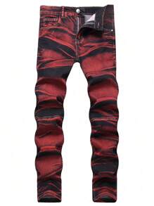 Men's Fashionable Tie-Dye Elastic Washed Denim Jeans, Versatile - Red - View 1