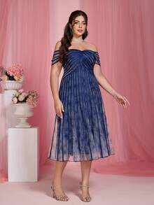 Mgiacy New Off-Shoulder Mesh Flared High-End Evening Gown, Suitable For Black Tie Events, Blue Dress - Navy Blue - View 5