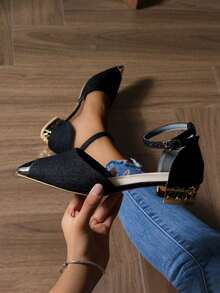 Outdoor Fashion Personalized Rhinestone Pointed Toe Black Thick Heel Breathable Party Children Student Flat Sandals - Black - View 5