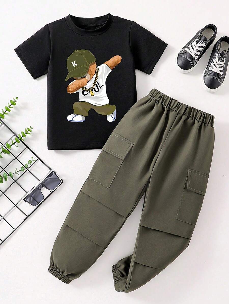 Tween Boys Cartoon Bear Graphic Print Round Neck Short Sleeve Tee And Cargo Pants Set