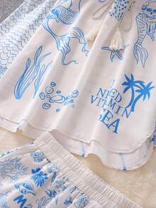 Ocean-Style Printed Shirt Set, Casual And Versatile Deep V-Neck And Long Sleeves, Perfect For Beach Vacations And Fashion Spring - Blue - View 6