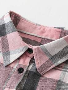 Áo sơ mi nữ thường ngày bằng vải polyester kẻ sọc chải có túi, phong cách sinh viên, phù hợp để đi làm và đi nghỉ, cổ bẻ, thu/đông - Hồng - Xem 6