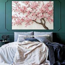 1pc Elegant Pink Cherry Blossom Textured Canvas Wall Art, Modern Floral Tree Painting Print For Living Room Bedroom Decor, Beautiful Spring Nature Botanical Artwork Accent, Stretched Gallery Wrap Home Decoration. - 彩色 - 查看 3