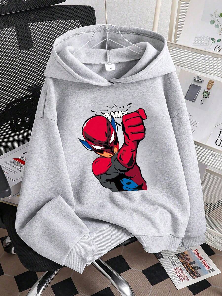 Tween Boy Cartoon Print Warm Sweatshirt - Grey - View 1
