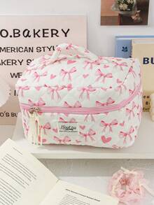 Pink Bow Pattern Cosmetics Storage Bag Large Capacity Travel Toiletry Bag Lovely Heart Print Makeup Bag Foam Quilted Travel Essentials Organizer Bag Cute Ribbon Bow Print Makeup Pouch Soft Fabric Skincare Storage Bag Small Items Storage Bag Soft Fabric Home Items Storage Bag Portable Cosmetics Organizer Bag With Zipper Make Up Holder Brush Bag - Pink - View 18