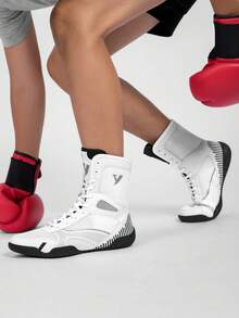 TACHUAN Sapatos de boxe profissionais de cano alto masculinos, botas de treino de luta livre, sapatos de kickboxing de Muay Thai, tênis de artes marciais fitness - Branco - Ver 5