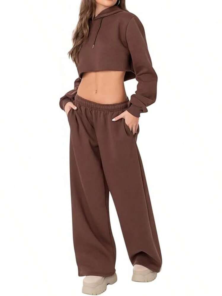 Women's Fleece Lined Wide Leg Thermal Winter Warm Baggy Sweatpants With Pockets - Coffee - View 5