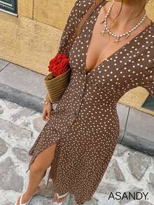 Women's Deep V-Neck Polka Dot Mid-Sleeve Button Front Casual Dress Elegant Summer - Coffee - View 3