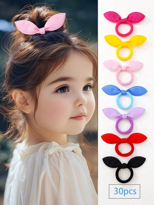 Conjunto de 30 elásticos de cabelo coloridos e aleatórios para meninas, cor sólida, com laços de orelha de coelho, acessórios de cabelo sem costura, toalhas, presente de verão para crianças, uso diário, volta às aulas